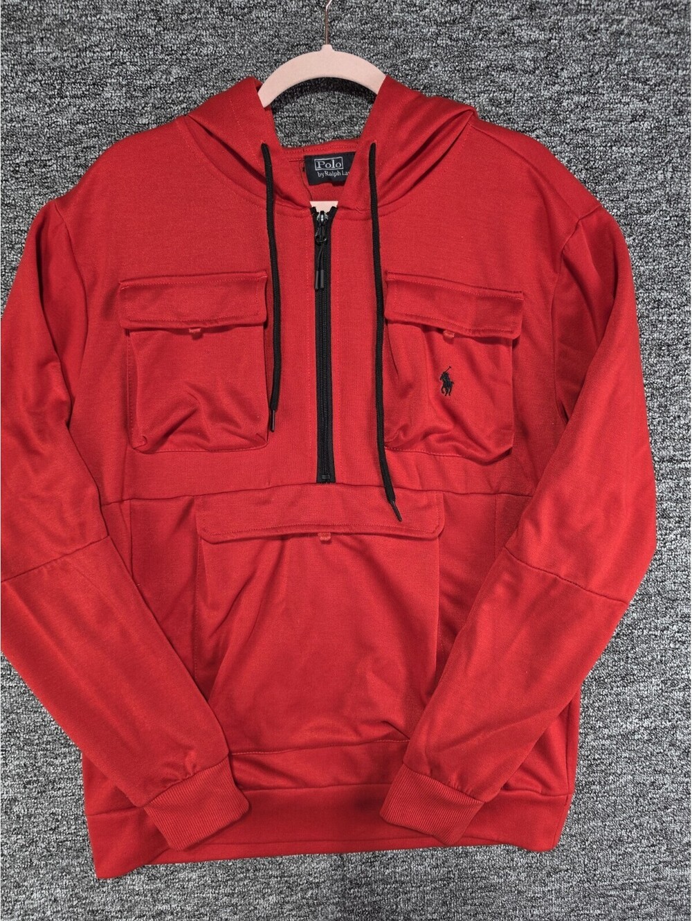 Polo Ralph Lauren Hoodie Mens L Red Utility Pocket Half Zip Pullover Sweatshirt